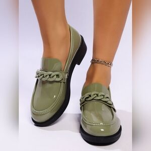 Olive Green Loafers for Women With Chain Detail